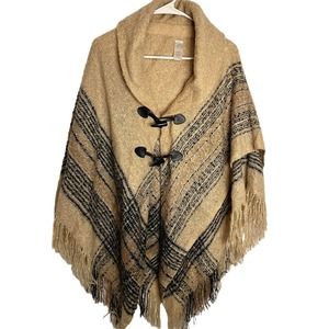 Poncho Blanket Shawl Fringe Cape Black Gold Gray Button Loops OSFM. Acrylic